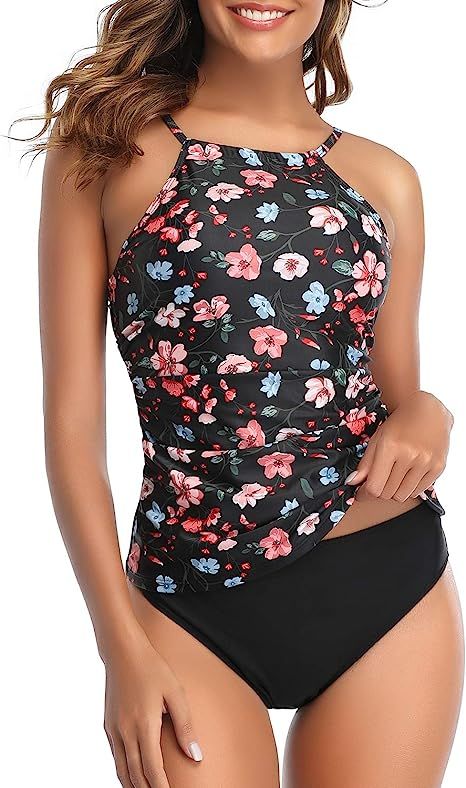 Tempt Me Two Piece Tankini Swimsuit for Women High Neck Ruched Tummy Control Top with Shorts Bath... | Amazon (US)