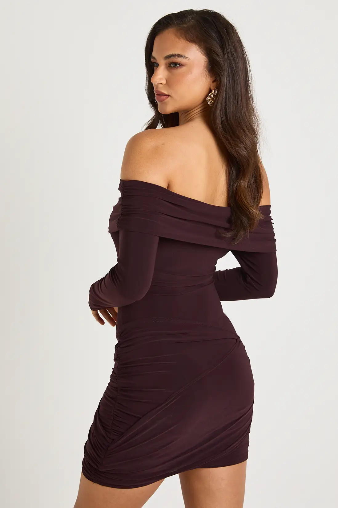 Bardot Drape Detail Long Sleeve Mini Dress | Boohoo.com (UK & IE)