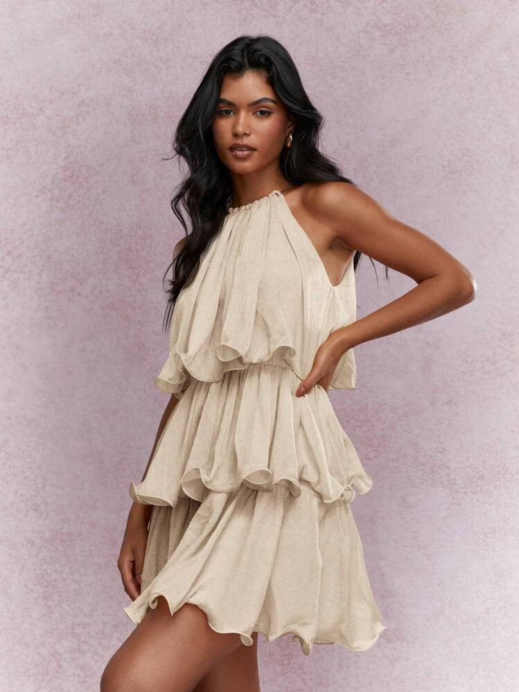 MISSGUIDED Tiered Ruffle Mini Dress Halter Neck Pleated Chiffon Occasion Wedding Guest Party Summ... | SHEIN