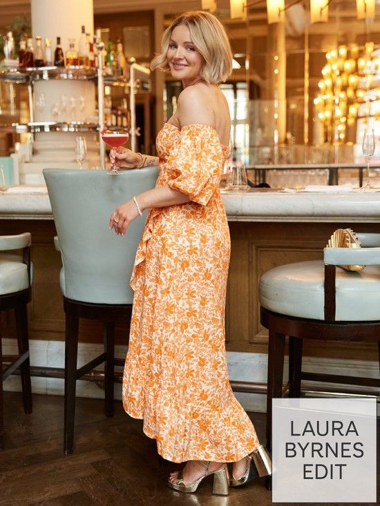 X Laura Byrnes Bardot Floral Midi Dress - Orange | Very (UK)