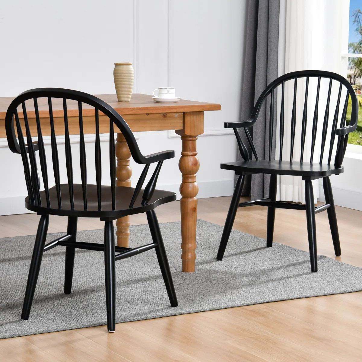 Hughes 24" Wide Windsor Solid Wood Dining Chairs With Armrests (Set of 2) | Wayfair North America