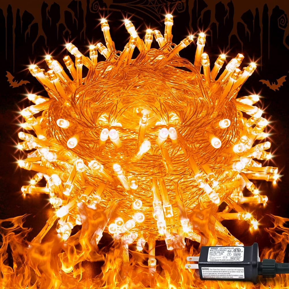 JMEXSUSS Connectable 33ft Halloween Lights Indoor, 100 LED Clear Wire Orange Lights for Halloween... | Amazon (US)