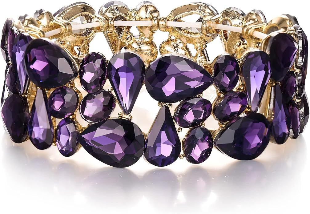 Art Deco Oval Teardrop Crystal Wedding Prom Stretch Bracelet for Women | Rhinestone Costume Party... | Amazon (US)