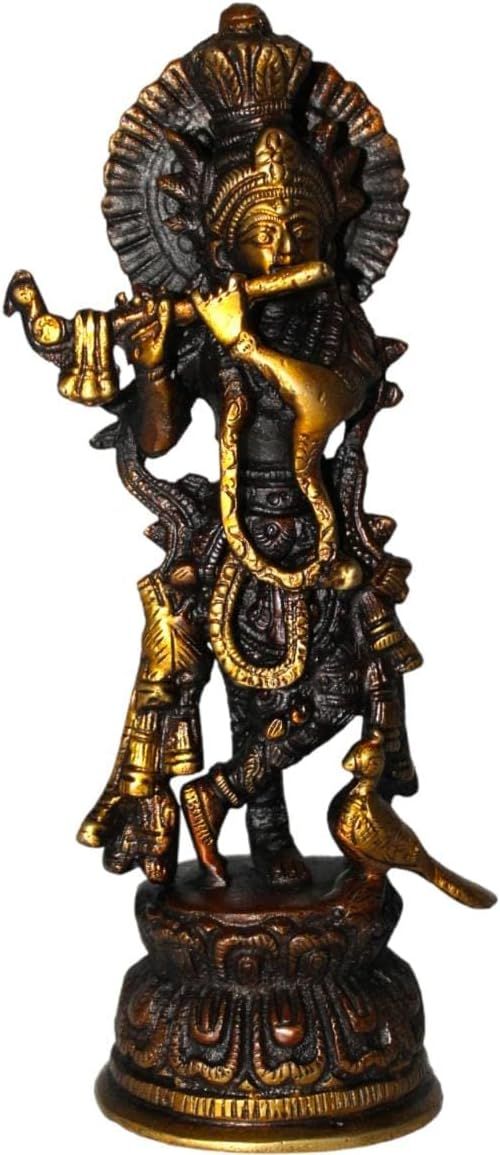 Sri Krishna Playing Flute Brass Statue Janmashtami Murti Kanha Bansuri Idol Bhagwan Shri Thakur j... | Amazon (US)