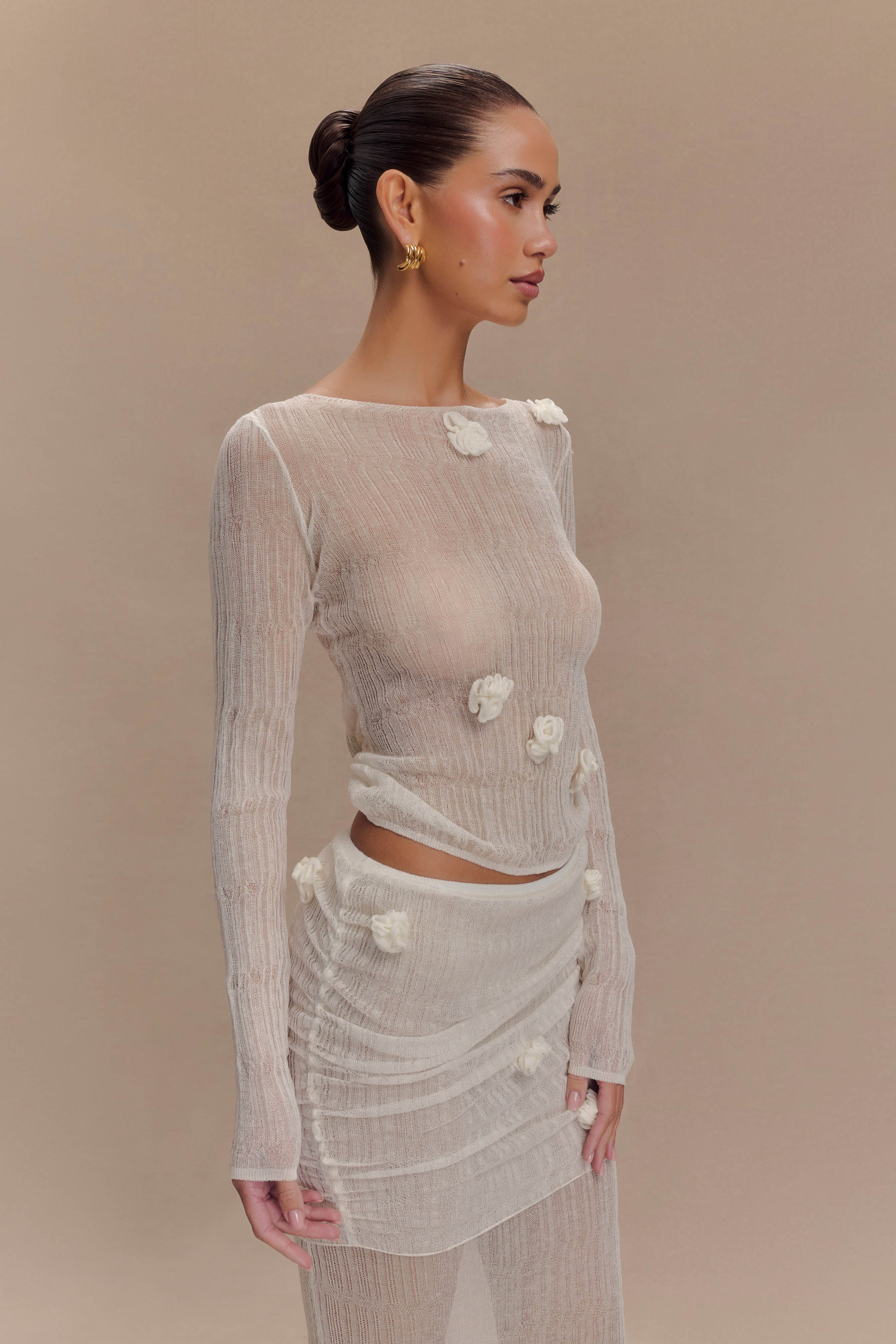 Orianna Orchid Long Sleeve Knit Top - Ivory | Meshki (APAC)