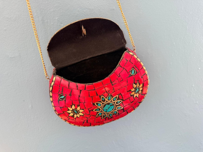 Mosaic Stone Shell Inlay Clutch Red Turquoise Brass Frame Indian Handmade | Etsy (Global)