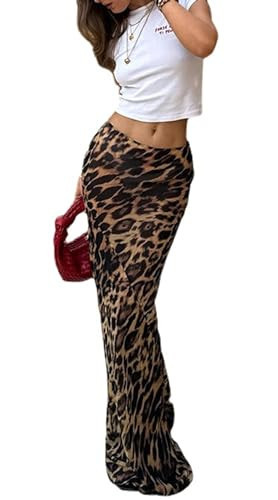 Leopard Print Maxi Skirt Floor Length Skirt Cute Satin Y2k Maxi Summer Skirts Long Skirts for Women Trendy (Leopard Print-1,M,Medium) | Amazon (US)
