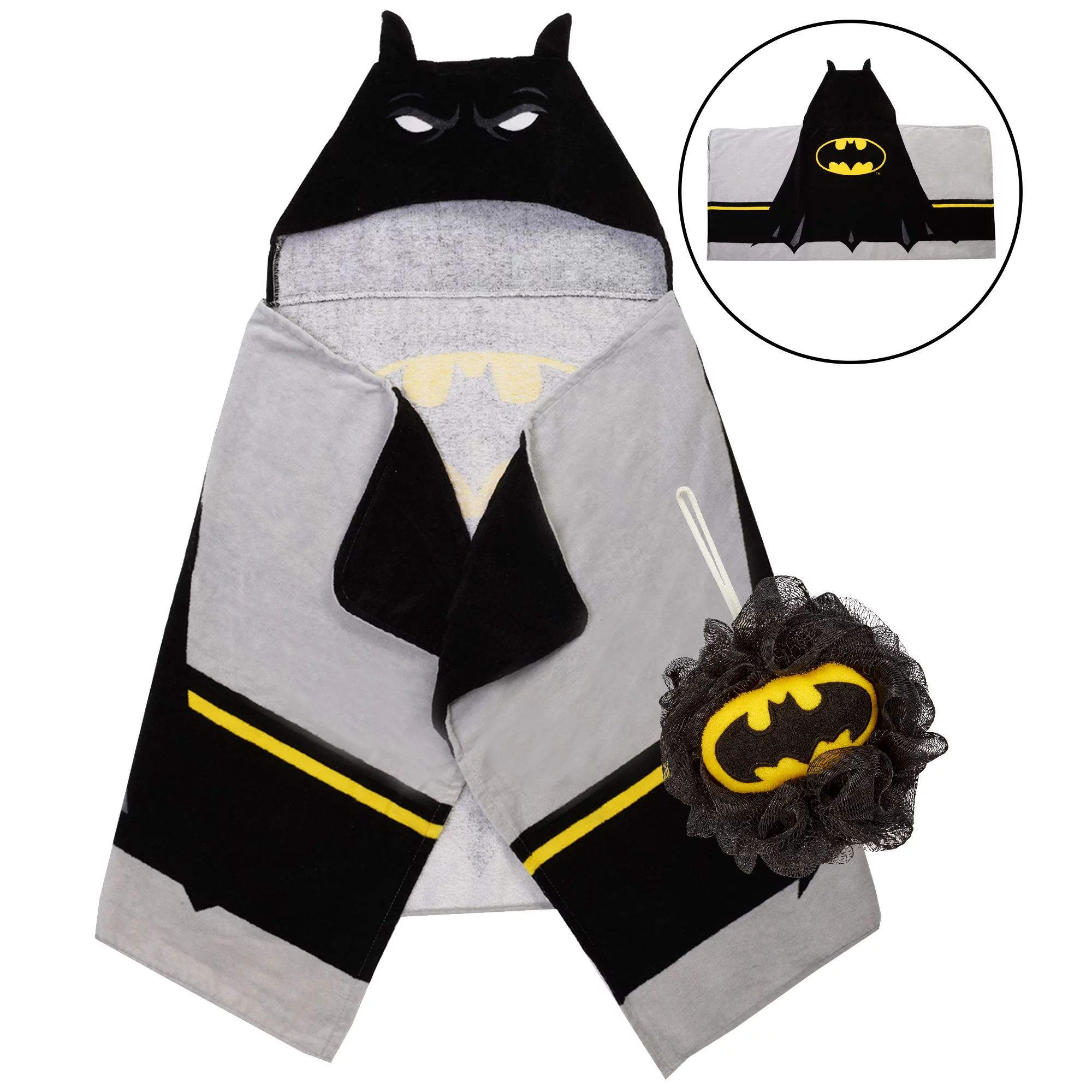 Batman Kids Bath and Beach Cotton Hooded Towel Wrap and Character Loofah, 2-Piece Set - Walmart.c... | Walmart (US)