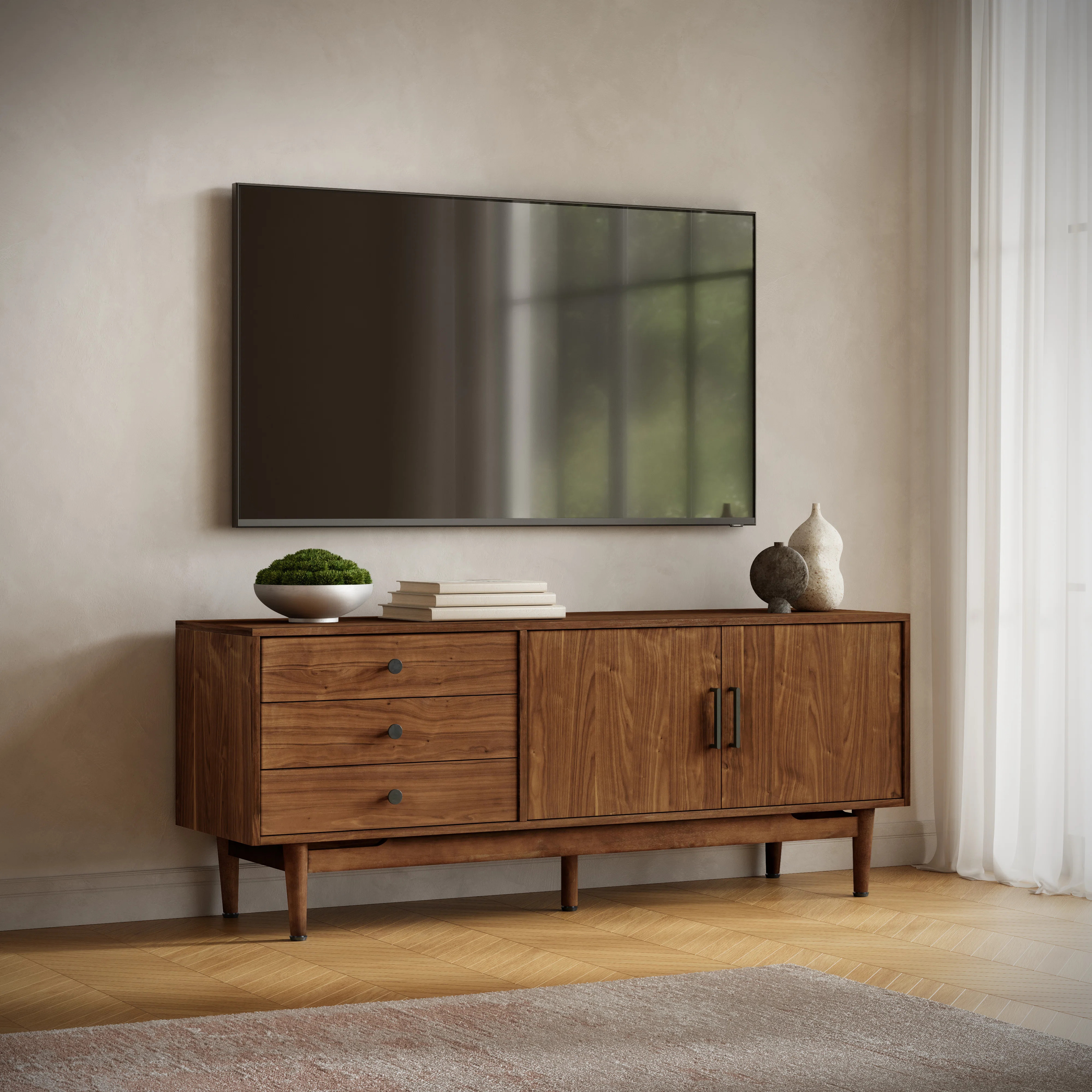 Edwidge Mid-Century Modern Scandinavian Console TV Stand Storage Cabinet - Walnut | Wayfair North America