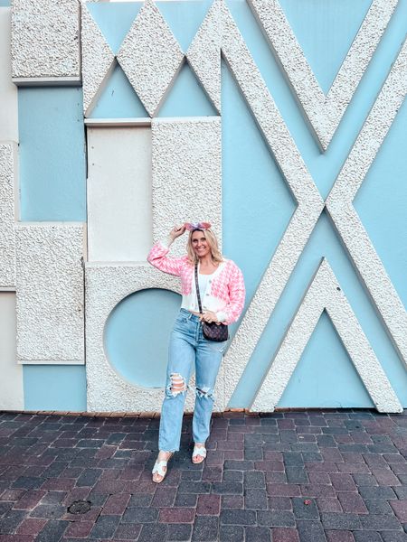 Spring in Disneyland! Agolde jeans are on repeat lately! Size 28, they do stretch. My pink houndstooth crop cardigan had rhinestone buttons and comes in several colors. Size medium. 

#LTKFestival #LTKtravel #LTKstyletip