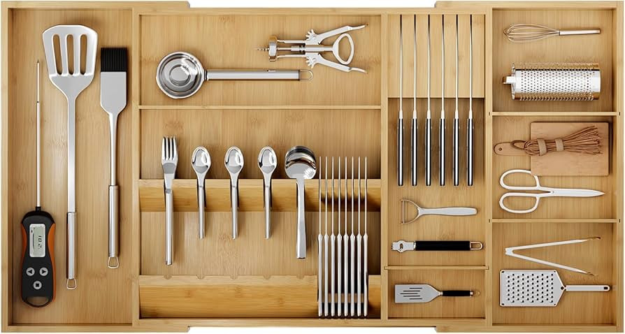 Bamboo Silverware Drawer Organizer, 17.72-29.53 Inch Expandable Large Kitchen Drawer Organizer, 5... | Amazon (US)
