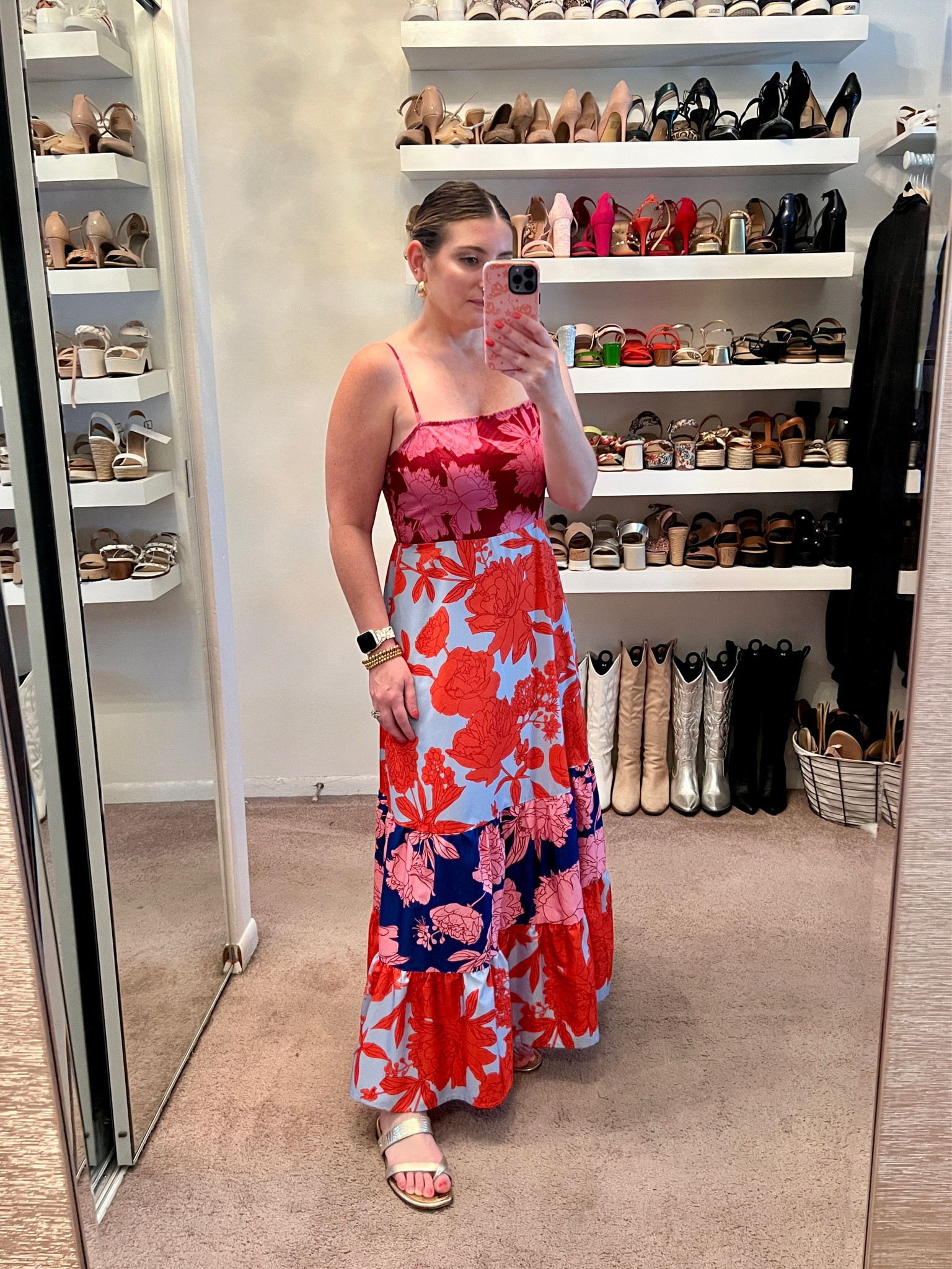 Floral print maxi dress, summer dress, gold jewelry 

#LTKFindsUnder50 #LTKSeasonal #LTKStyleTip