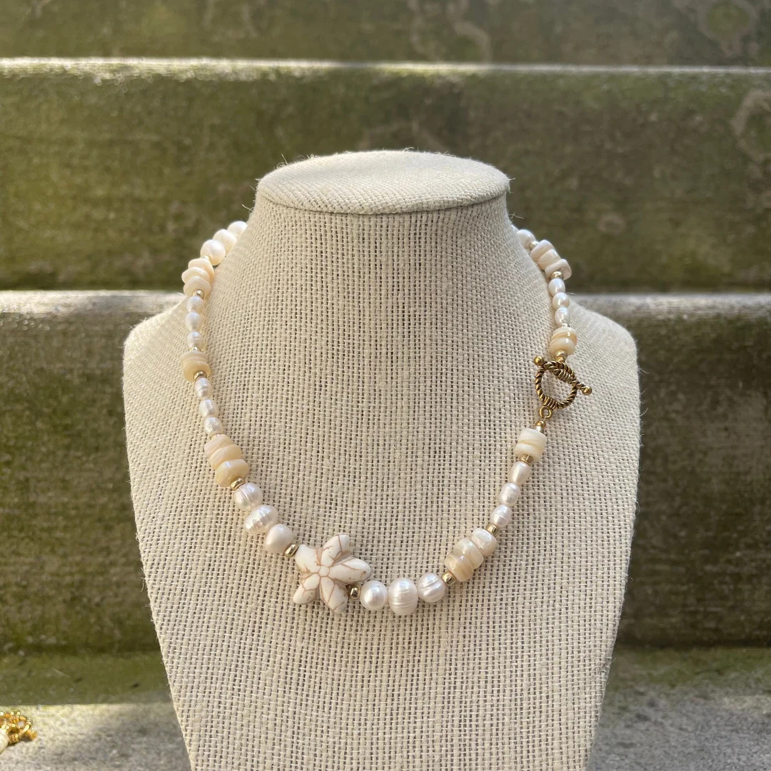 Starfish Necklace, Boho Jewelry, Freshwater Pearl Necklace, Shell Necklace, Gold Toggle Necklace,... | Etsy (US)