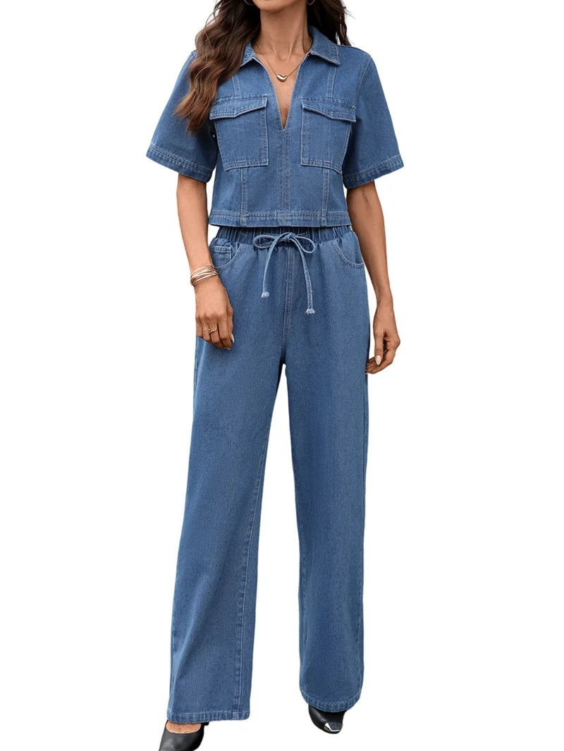 Women'S Two-Piece Denim Suit V-Neck Half-Sleeve Pocket Denim Top Wide-Leg Jeans Blue M | Walmart (US)
