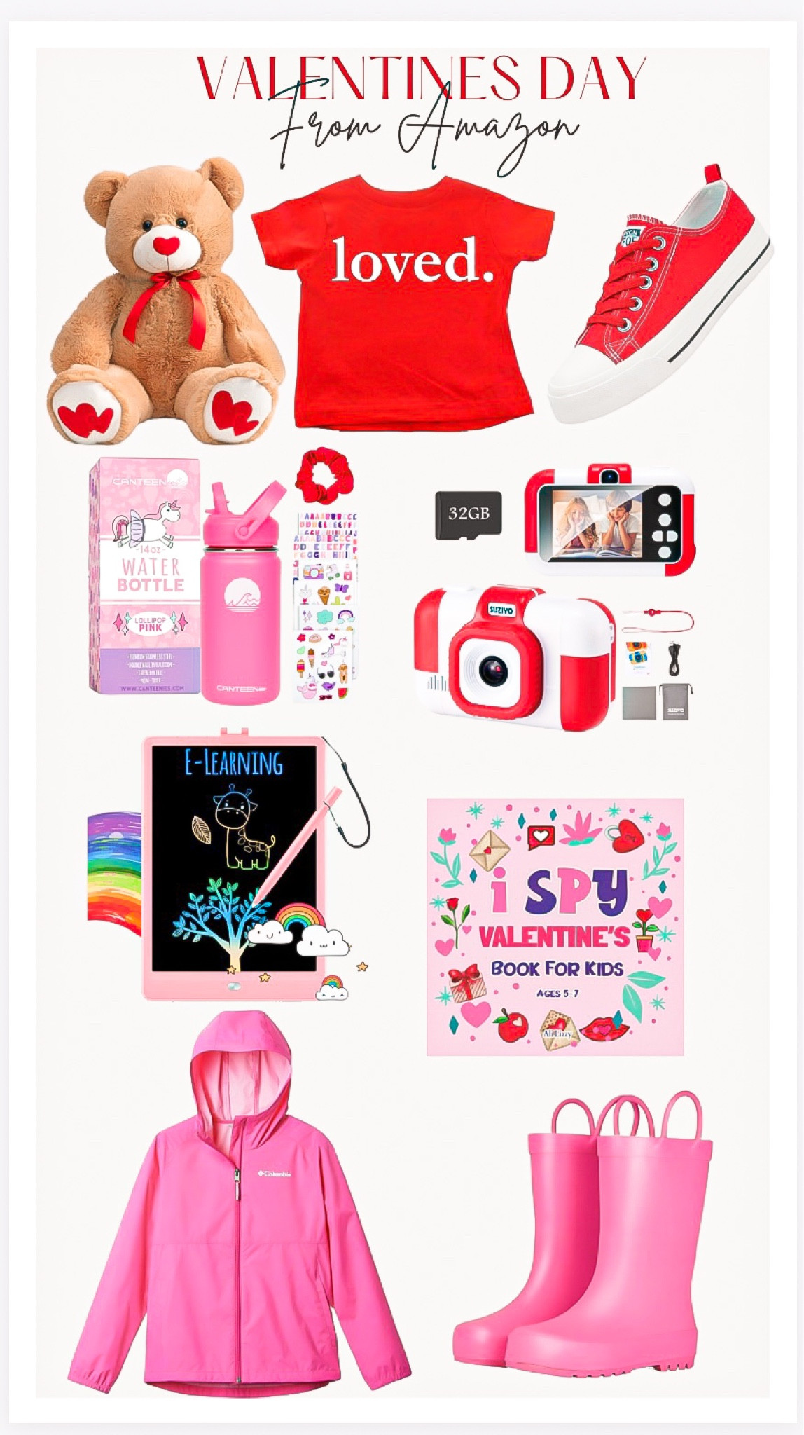 Valentine’s Day 
• gifts for kids 💕

Amazon finds, Valentine’s Day, gifts for kids, valentines teddy bear, loved shirt, red shirt, red converse shoes, red sneakers, pink water bottle, red camera, kids camera, kids toys, kids gifts, I spy book, kids rain jacket, pink rain jacket, pink rain boots 

#LTKSeasonal #LTKGiftGuide #LTKkids