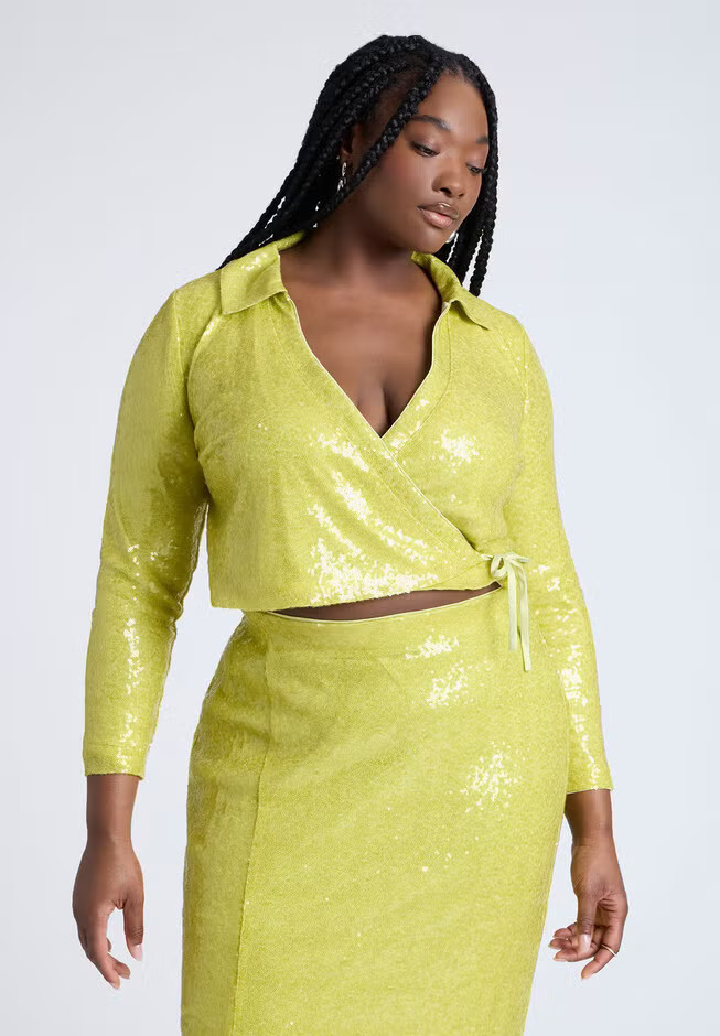 Sequin Wrap Collared Top | Eloquii