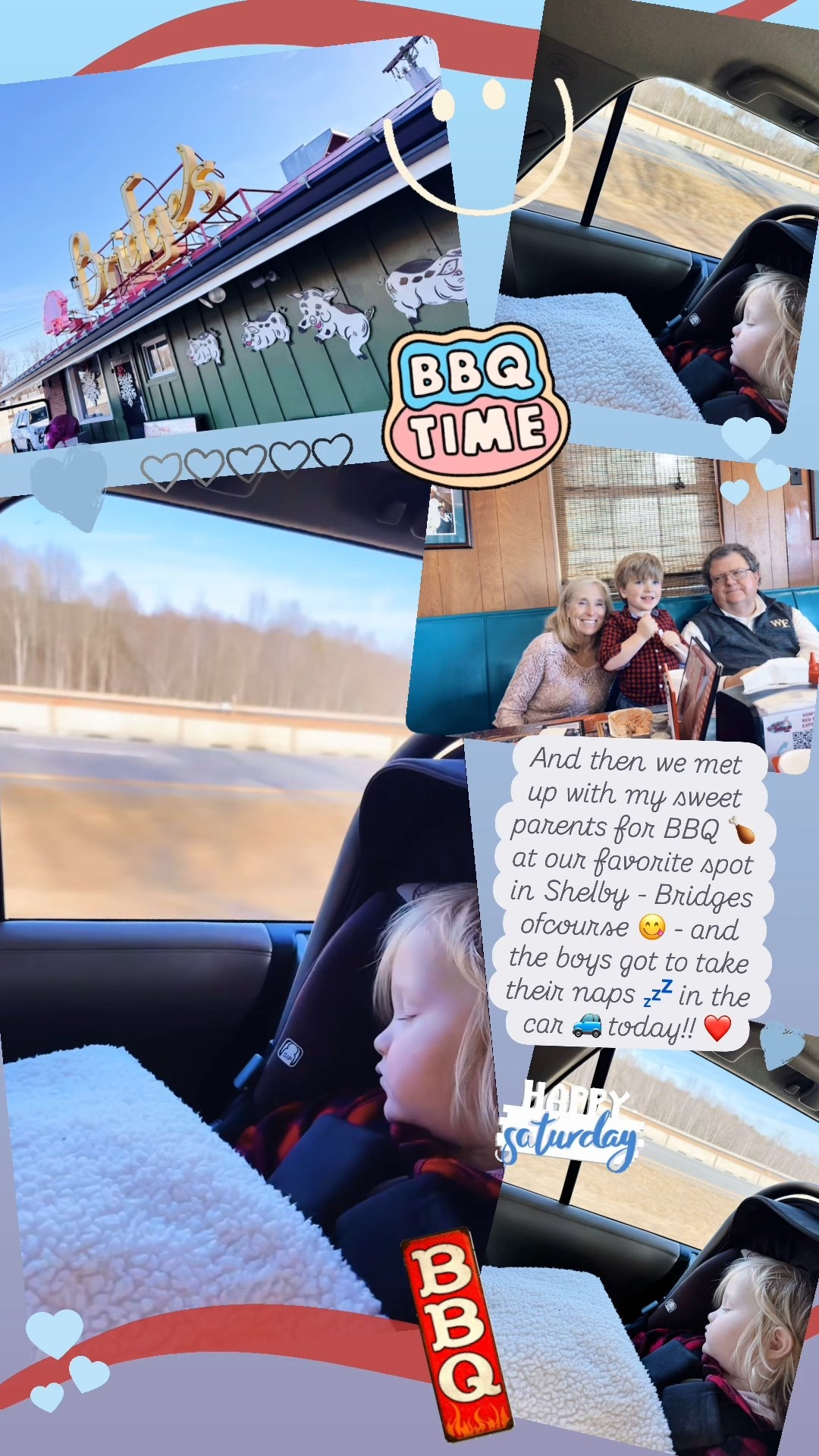 And then we met up with my sweet parents for BBQ 🍗 at our favorite spot in Shelby - Bridges ofcourse 😋 - and the boys got to take their naps 💤 in the car 🚙 today!! ❤️