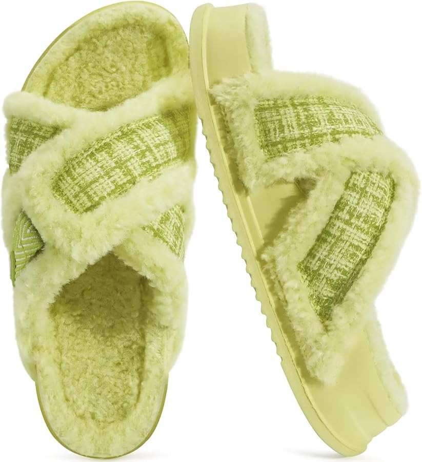 KuaiLu Women's Fuzzy Cross Band Platform Slippers Furry Faux Fur Comfortable Arch Support Open To... | Amazon (US)