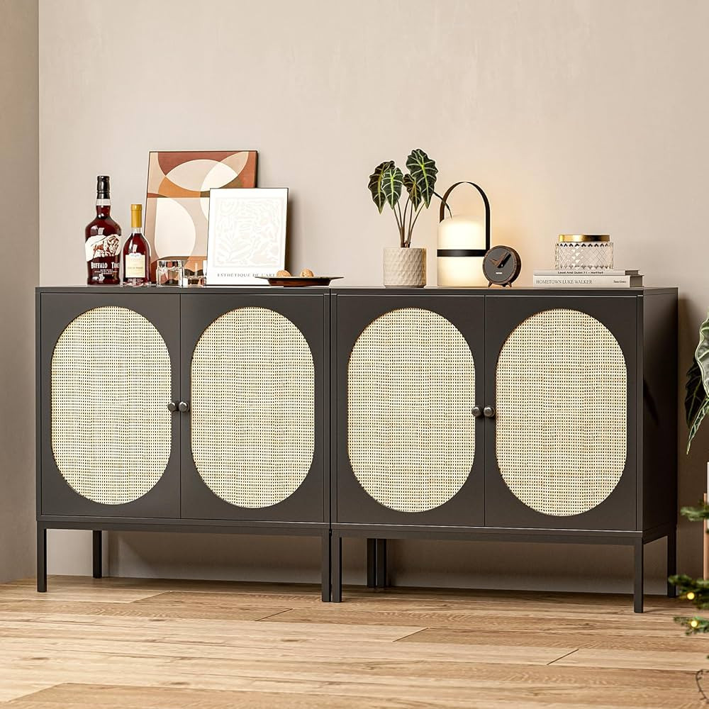 IKIFLY Rattan Storage Cabinet Set of 2, Handmade Natural Rattan Door, Buffet Cabinet with Storage... | Amazon (US)