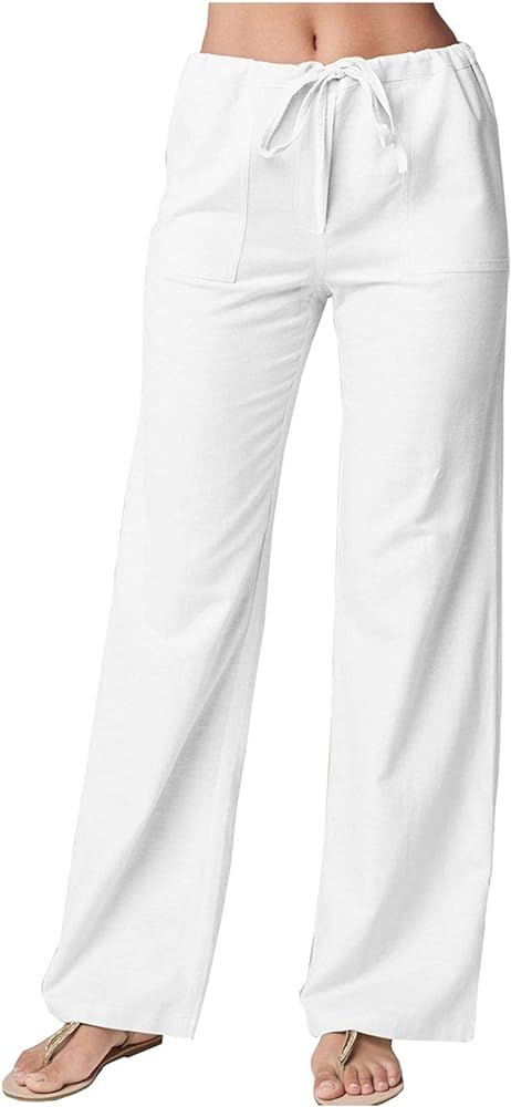 LifeShe Women's Drawstring Elastic Waist Linen Pants with Pocket Straight Casual Beach Trousers | Amazon (US)