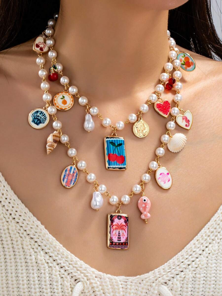 1 Pc Boho Charm Necklace For Women - Faux Pearl Beaded Chain With Cherry, Fish, Lobster, Turtle A... | SHEIN