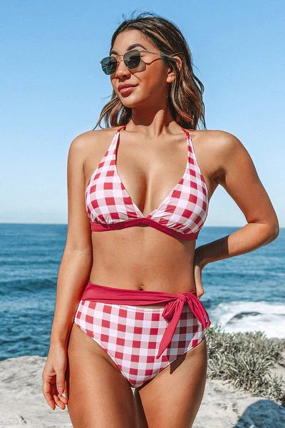 Averie Red Gingham Triangle Belted Bikini | Cupshe