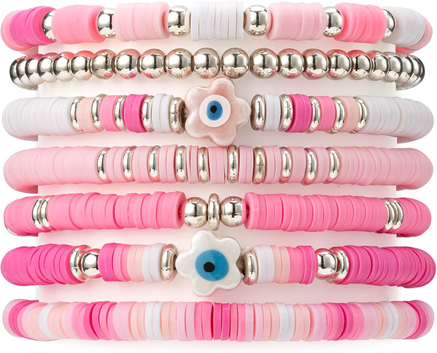 Besydec Evil Eye Sufer Heishi Beaded Preppy Bracelets, Hot Pink Clay beads Friendship Bracelet, Bohe | Amazon (US)