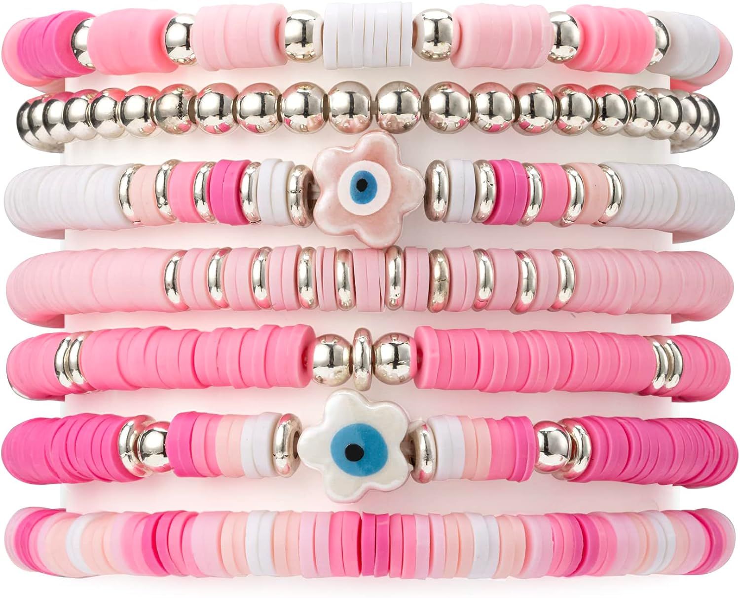 Besydec Evil Eye Sufer Heishi Beaded Preppy Bracelets, Hot Pink Clay beads Friendship Bracelet, Bohe | Amazon (US)