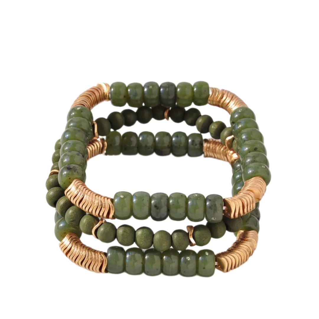 Olive Beads & Gold Disc Bracelets (Set of 3) | Sea Marie Designs