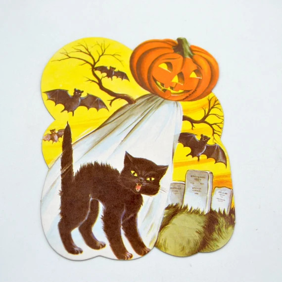 Vintage Halloween Die Cut  Black Cat in Graveyard With | Etsy | Etsy (US)