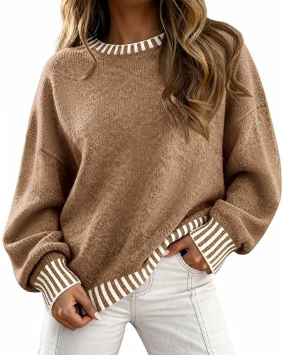 KIRUNDO Oversized Sweaters for Women 2025 Long Sleeve Crewneck Fall Tops Contrast Chunky Knit Pullover Winter Clothes(Khaki, XX-Large) | Amazon (US)