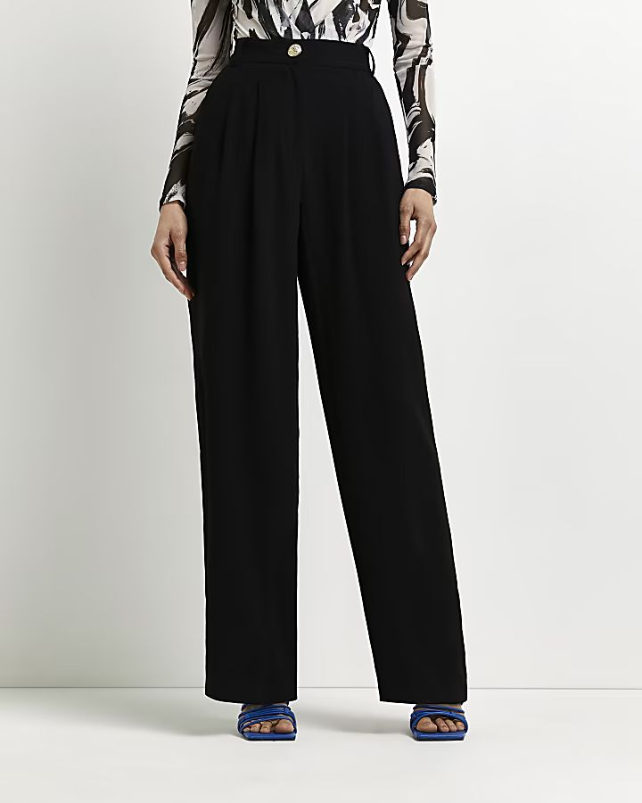Black wide leg pleated trousers | River Island (UK & IE)