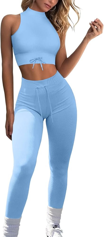 QINSEN Ribbed Workout Sets for Women Seamless High Neck Sport Bra Tummy Control Yoga Leggings 2 Piec | Amazon (US)