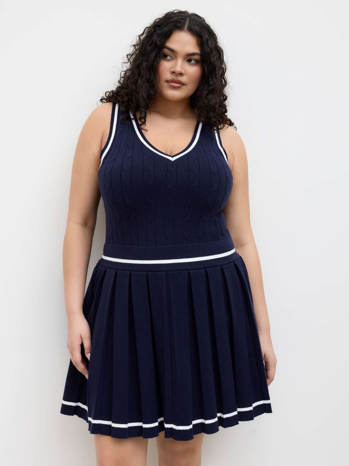 Knit Fabric Cable Knit V-neck Pleated Contrasting Binding Mini Dress Curve & Plus For Daily Casua... | Cider