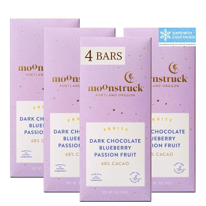Moonstruck Chocolate Blueberry and Passion Fruit Dark Chocolate Bar, 68% Cacao, 3.0oz (Pack of 4) | Amazon (US)