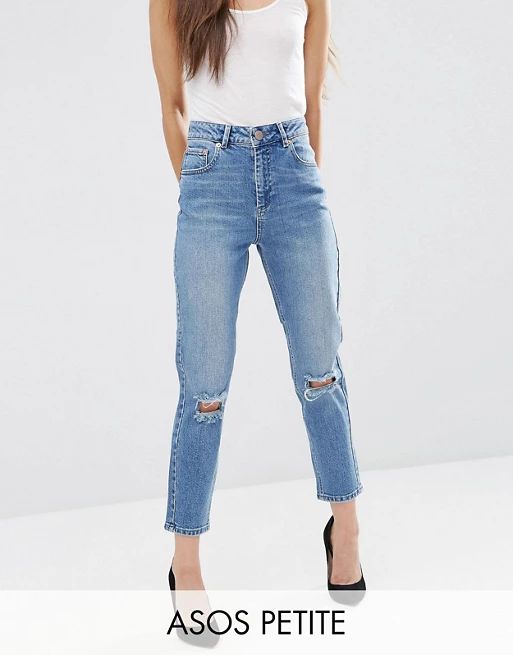 ASOS PETITE Farleigh Slim Mom Jeans in Prince Light Wash with Busted Knees | ASOS US
