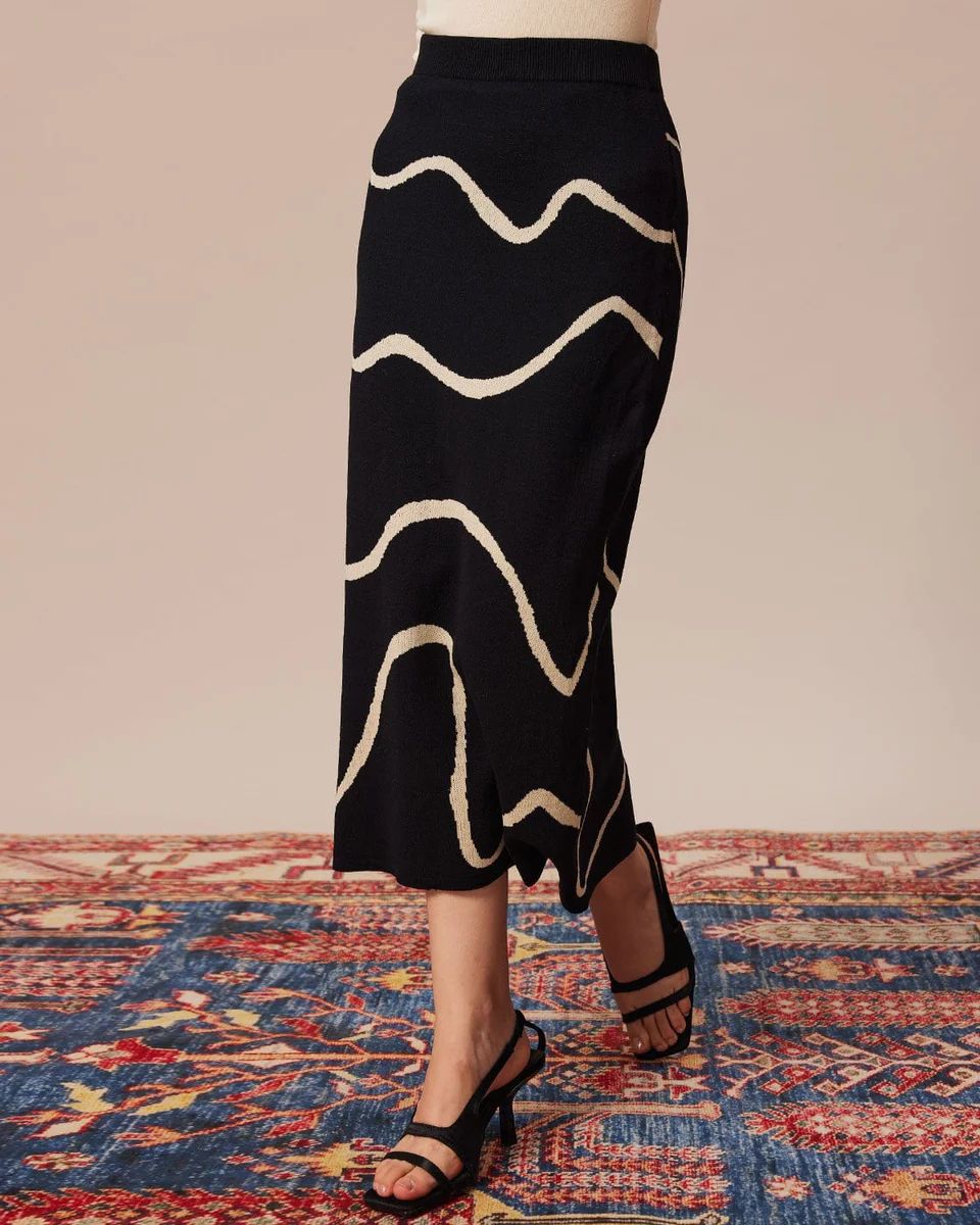 The Black Colorblock Wave Knit Midi Skirt & Reviews - Black - Bottoms | RIHOAS | rihoas.com