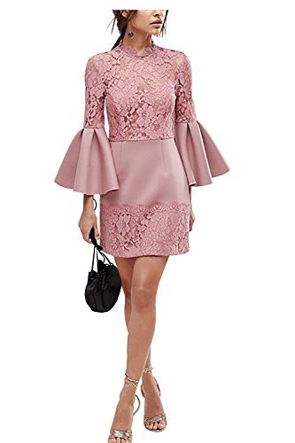 UTAMALL Fluted Long Sleeve Lace Mini Lady Dress Open Back Scuba Skater Cocktail Dress | Amazon (US)