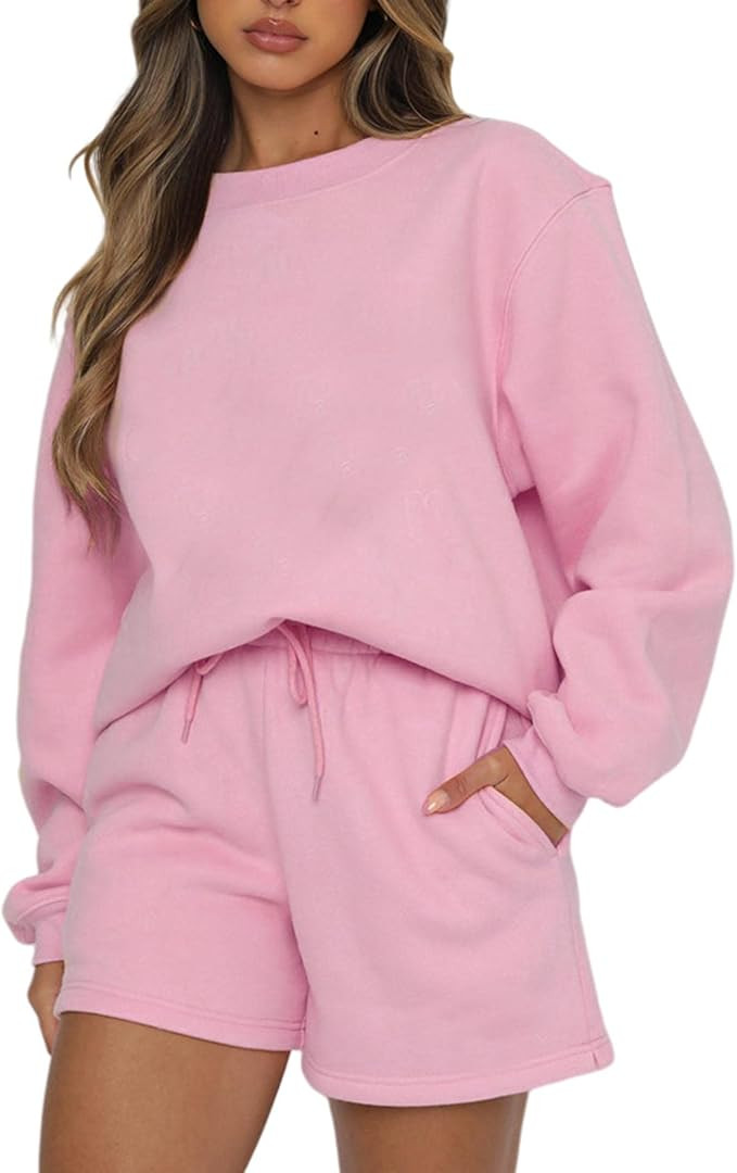 SOMTHRON Women's 2 Piece Outfits Sets Solid Color Long Sleeve Sweatshirt and Loose Sweat Shorts S... | Amazon (US)