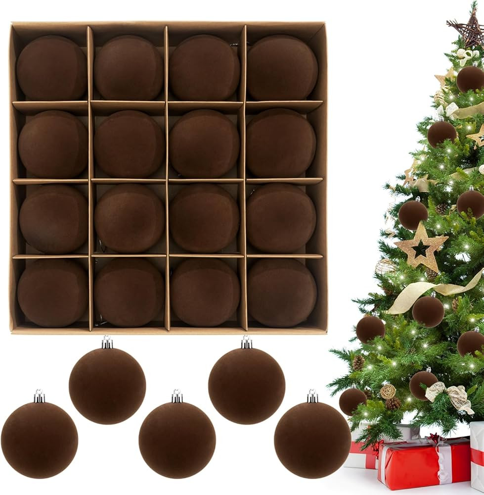 3.15" Brwon Velvet Christmas Ball Ornaments Set, 16 pcs Flocked Brwon Xmas Tree Decoration, Large... | Amazon (US)