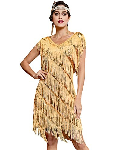 PrettyGuide Women's Flapper Dress 1920s Gatsby Sequin Fringe Vintage Party Wedding Dress XL/US14 Gold | Amazon (US)