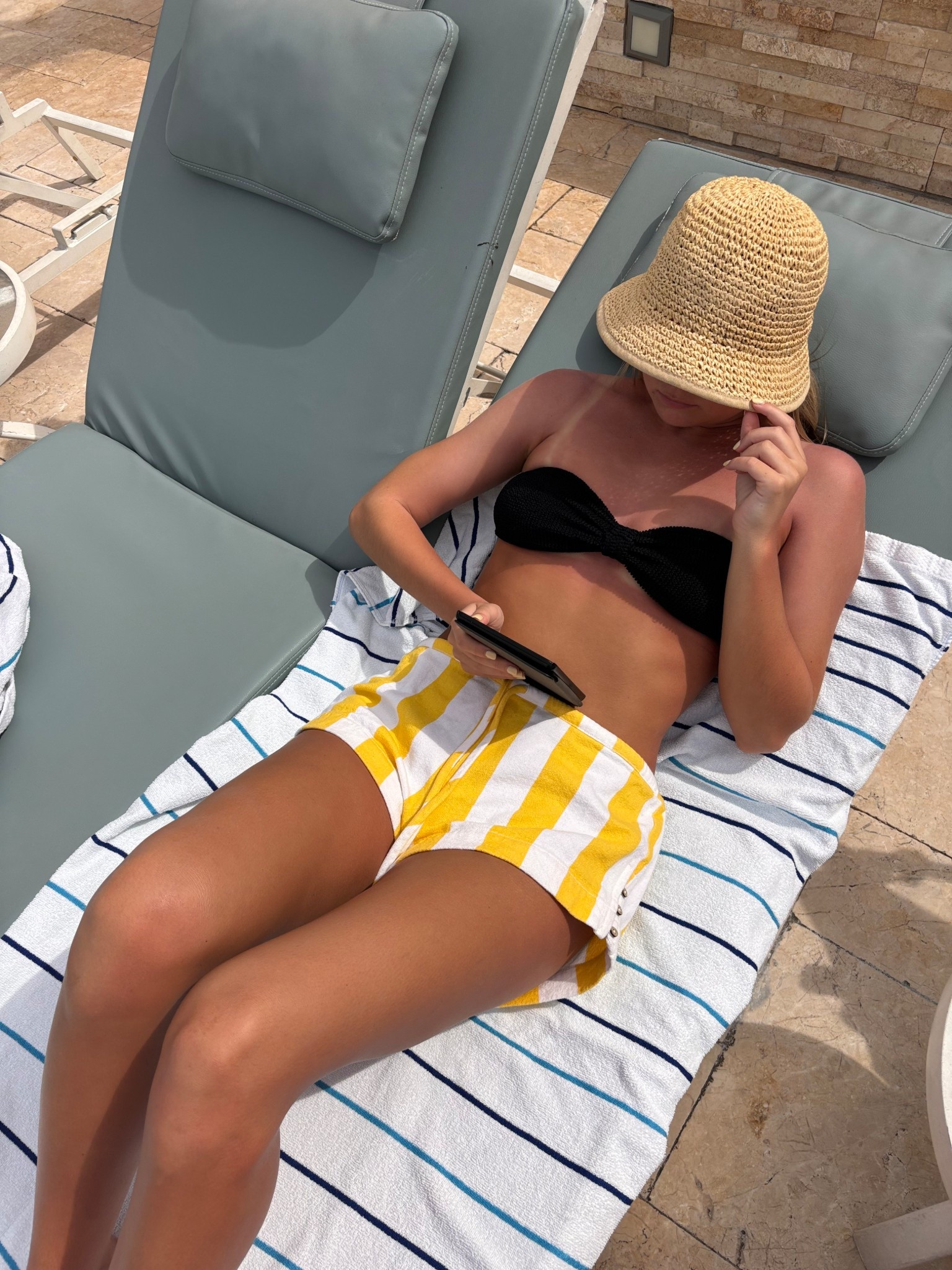 Wearing a small in the shorts and the bikini is one size but its super stretchy and comfy!! 