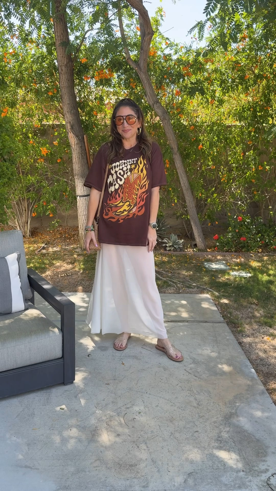 Today’s OOTD for brunch and walking around downtown Palm Springs. This mesh skirt has shorts attached to it underneath so no worries about showing your booty 😉 Also, the long tee covers them so it doesn’t look ridiculous either! 
Tee S/M (tts) / Skirt M (tts) / Slides tts

#LTKootd #LTKTravel #LTKOver40