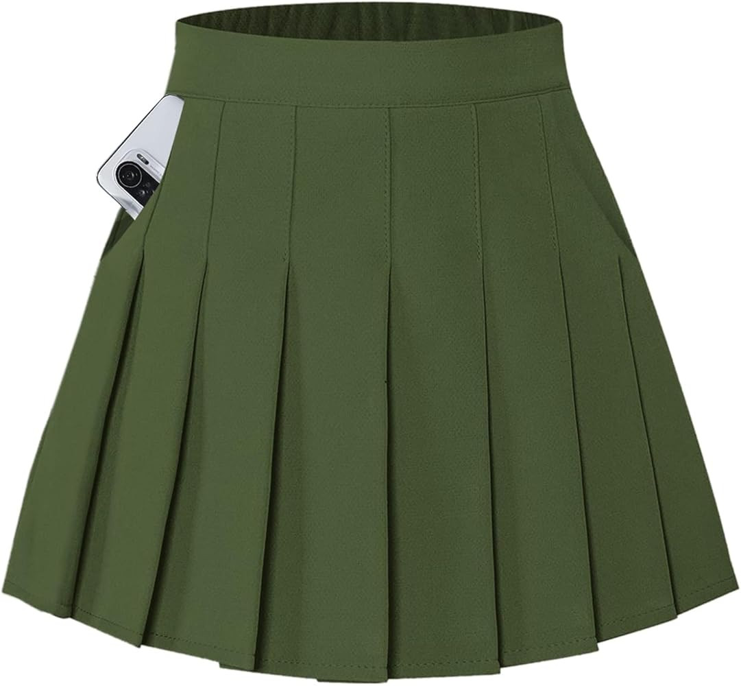 SANGTREE Women Girls Pleated Skirts with Shorts, Elastic Waist Uniform Plus Size Tennis Casual Sk... | Amazon (US)