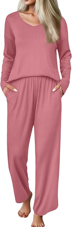 Ekouaer Womens Pajama Set Ribbed Knit PJs 2 Piece Lounge Set Long Sleeve Top and Pants Comfy Slee... | Amazon (US)