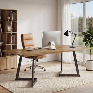 Moronia 62.2 in. Rectangular Brown and Black Wood Executive Desk with Sturdy Metal V-Shaped Legs Modern Home Office Desk | The Home Depot