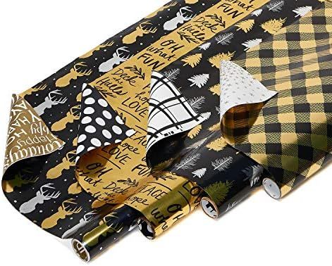 American Greetings Christmas Reversible Wrapping Paper Bundle, Black and Gold, Plaid, Trees and R... | Amazon (US)