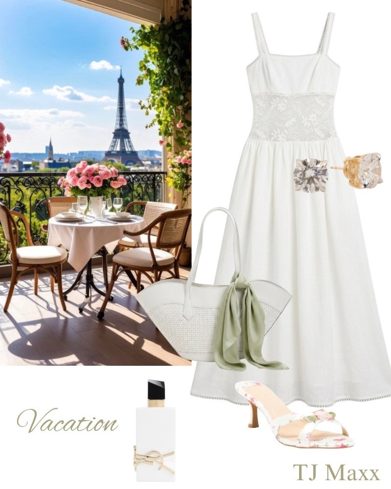 Vacation outfit idea on sale from TJ Maxx, white maxi dress, leather or winter coat, Saint Laurent, perfume, for love and lemons, Laurel, heels, diamond, earrings, date, night, dressy, spaghetti strap, maxi dress.

#LTKSaleAlert #LTKootd