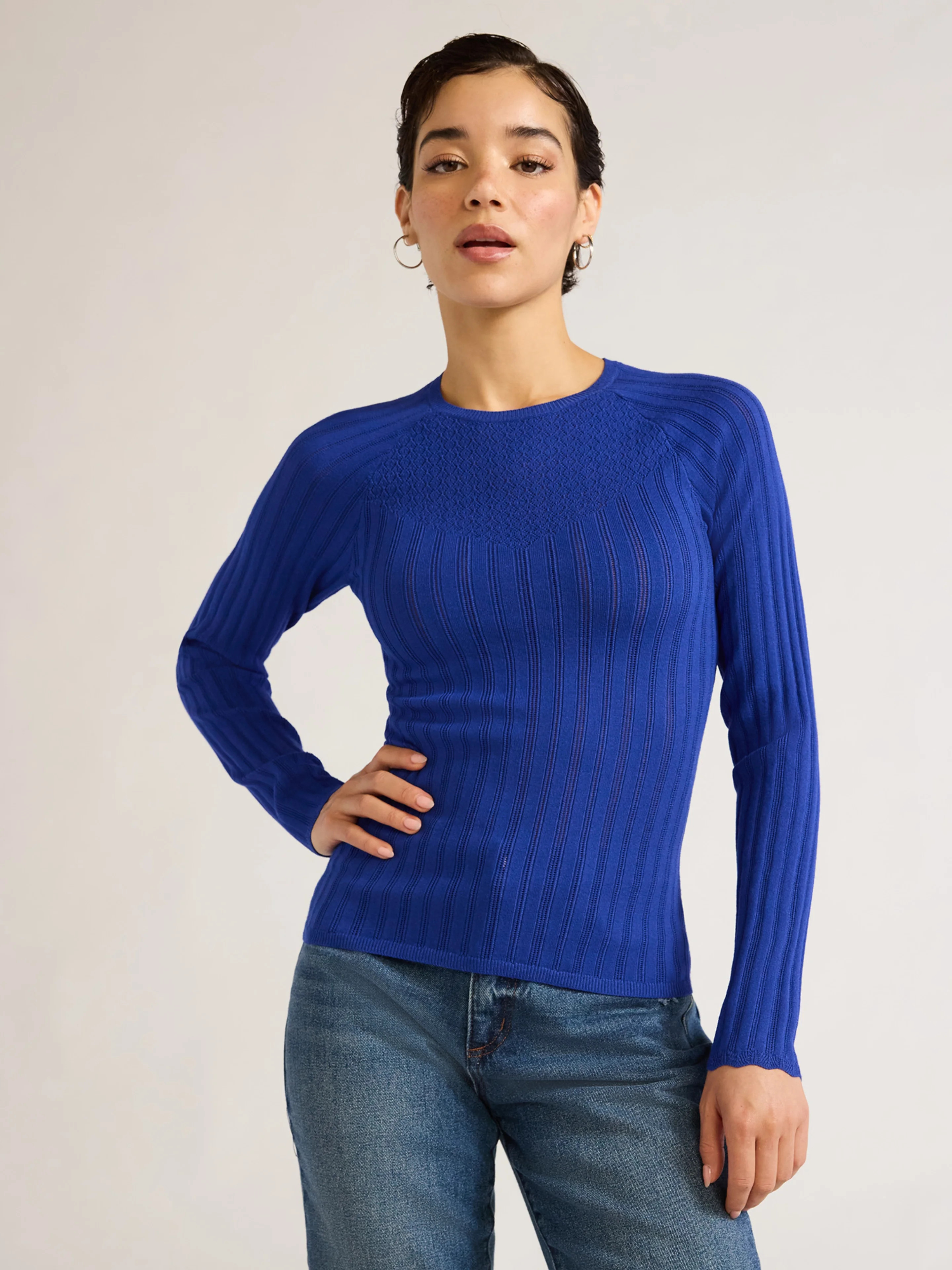 Sofia Jeans Women's Lace Crewneck Sweater with Long Sleeves, Lightweight, Sizes XS-XXL | Walmart (US)