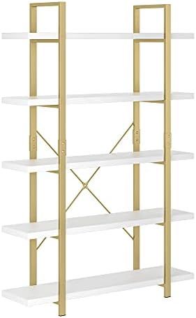 Bookshelf, 5-Tier Industrial Bookcase, Open Storage Display Shelves Organizer, White Shelves Gold... | Amazon (US)